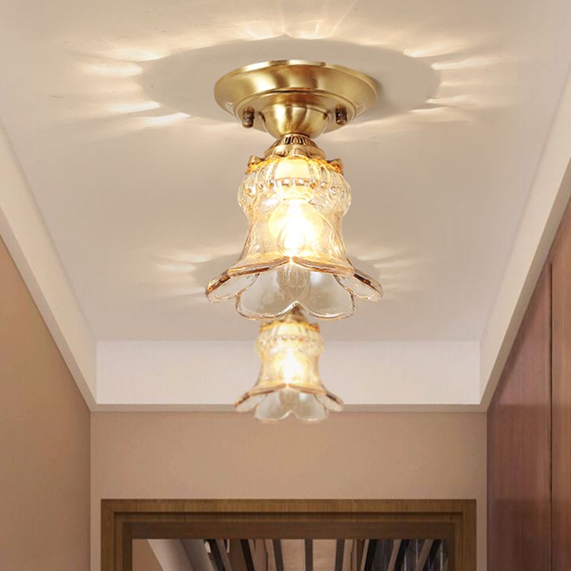 Amber Glass Brass Flush Mount Lamp Flower Single Light Retro Style Ceiling Fixture