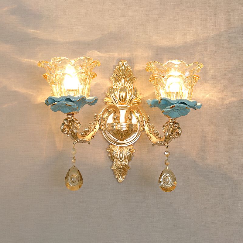 Bloem schaduw woonkamer muur licht klassiek gesneden glazen gouden wandverlichting armatuur