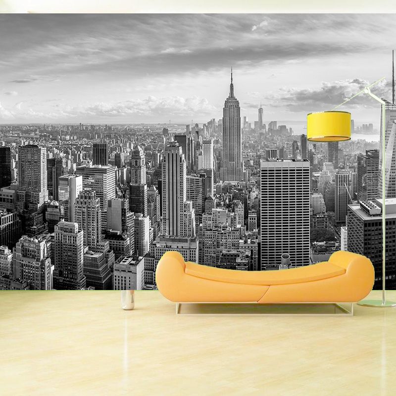 Contemporary City View Mural Wallpaper for Accent Wall, Black and White, Made to Measure