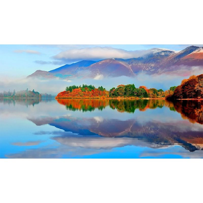 Blue Contemporary Wall Mural Big Autumn Forest by the Mirror Lake Wall Decor for Home