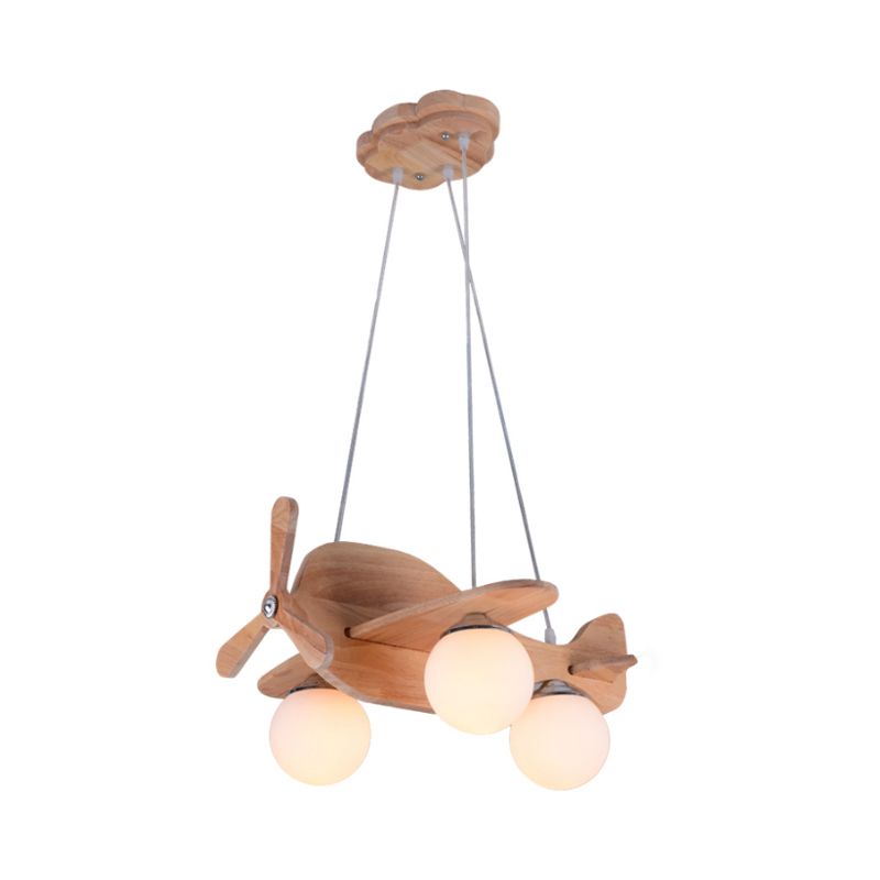 Creative Kids 3-Light Hanging Lamp Wood Plane Shaped Chandelier with Ball White Glass Shade