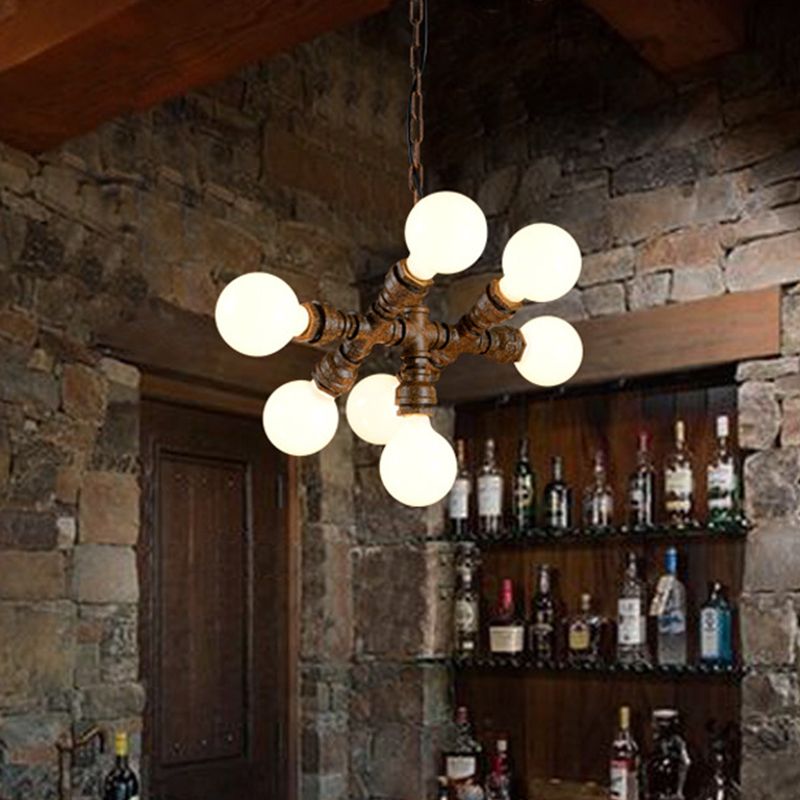 Warehouse Water Pipe Hanging Lamp 7 Lights Iron Chandelier Lighting in Rust for Bistro