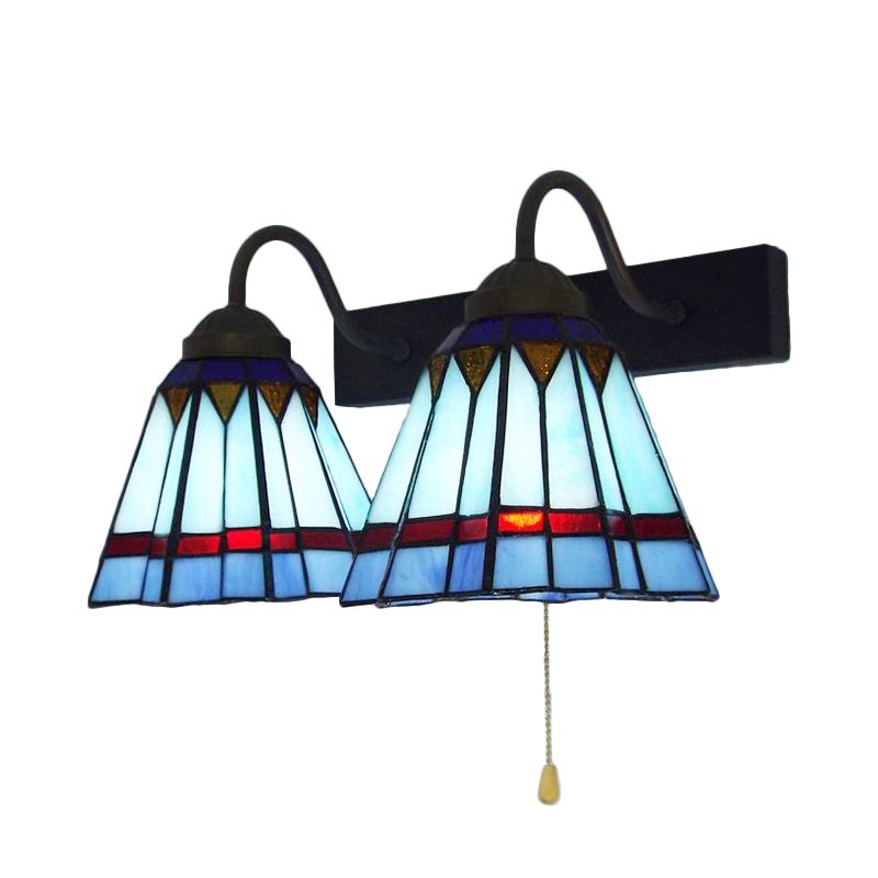Mediterranean Cone Sconce Light 2 Heads Blue Glass Wall Mount Light with Pull Chain