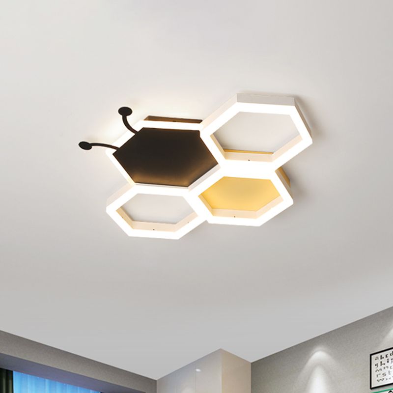 Kids Honeycomb Iron Ceiling Flush Light LED Flushmount Lighting in Pink/Black for Baby Room, Warm/White Light