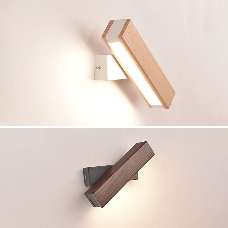 Log Color LED Wall Sconce in Modern Concise Style Wrought Iron Rectangular Rotatable Wall Lamp with Wooden Shade