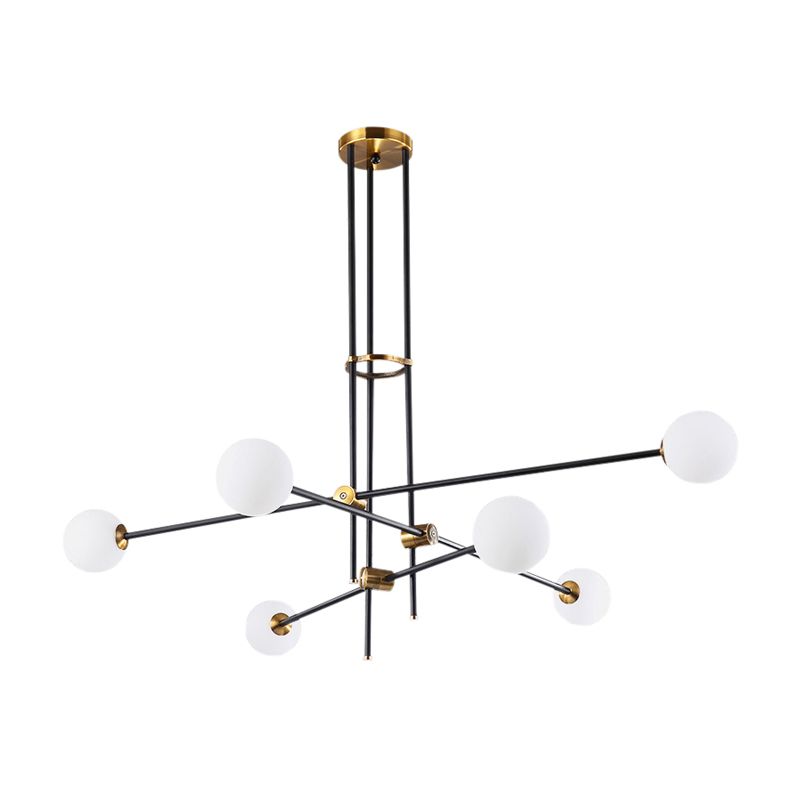 Schwarzer 3-Arm-Kronleuchter-leichter postmoderner 6 Lampenmodelle Deckenanhänger mit Ballmilchglasschatten