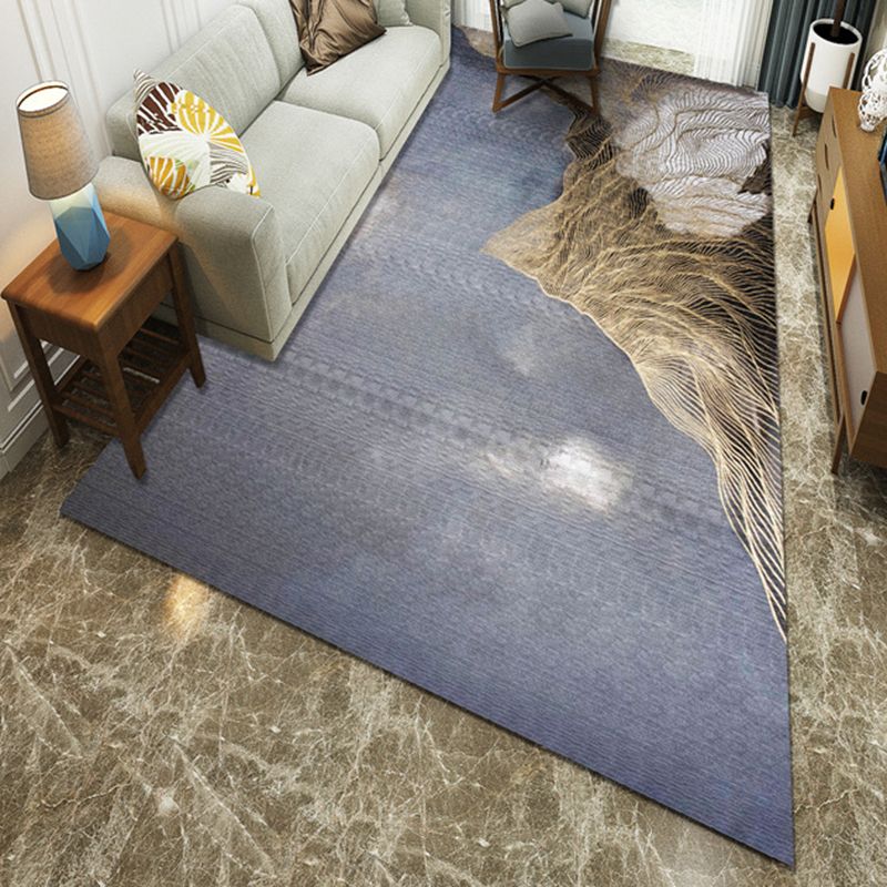 Polyester Blue Modern Style Washable Area Rug with Line Mountain Pattern Area Rug for Living Room