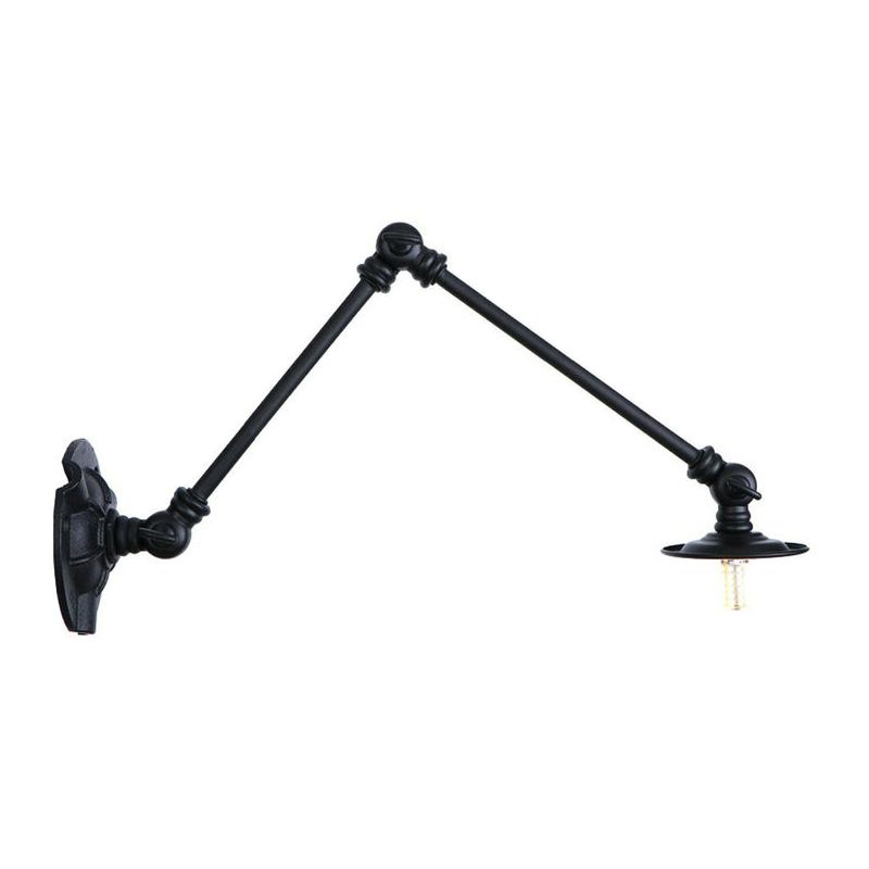 Extendable 2-Arm Iron Wall Light Warehouse 1-Light Studio Task Wall Lamp with Disc Shade in Black, 4"/12"/19.5" Long