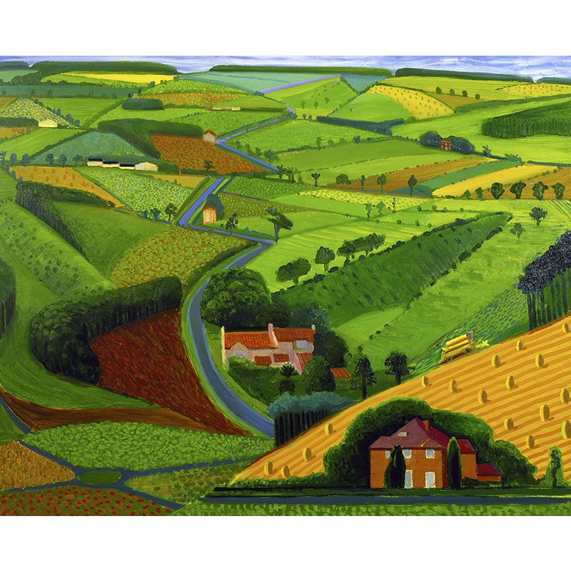 Village Landscape Overview Murals in Yellow-Green Modern Art Wall Decor for Living Room