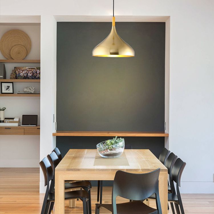 Gold Wood Capped Ceiling Pendant Light Minimalist Style Metal Hanging Light Fixture