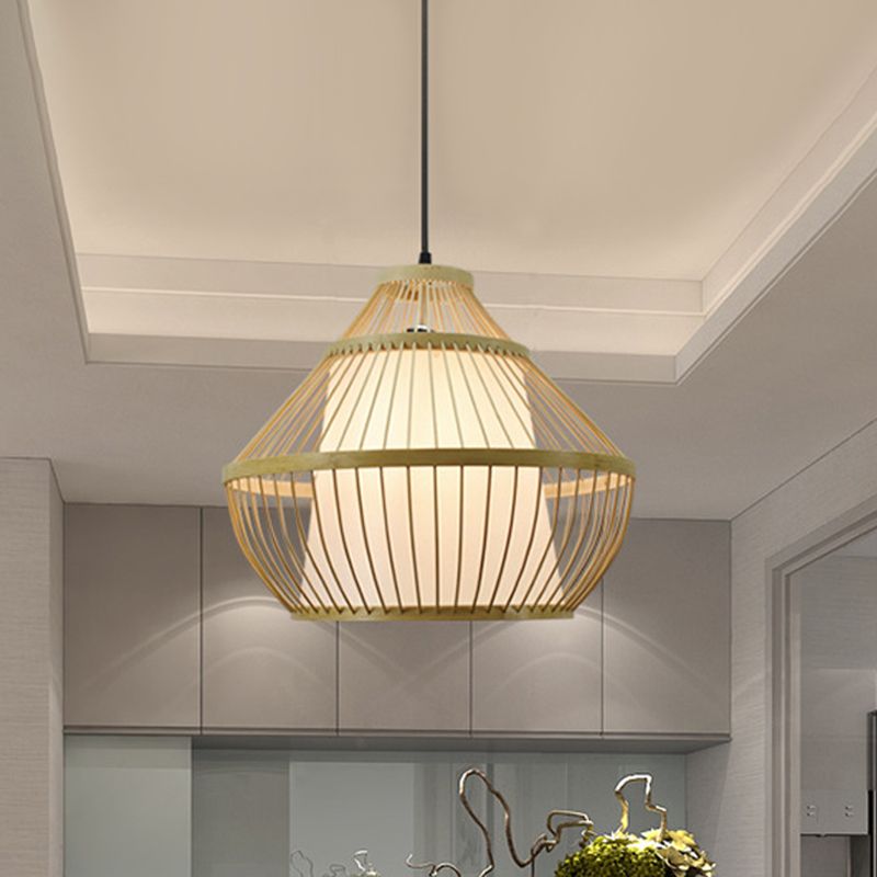 Asian 1 Head Pendant Light Beige Jar Suspended Lighting Fixture with Bamboo Shade