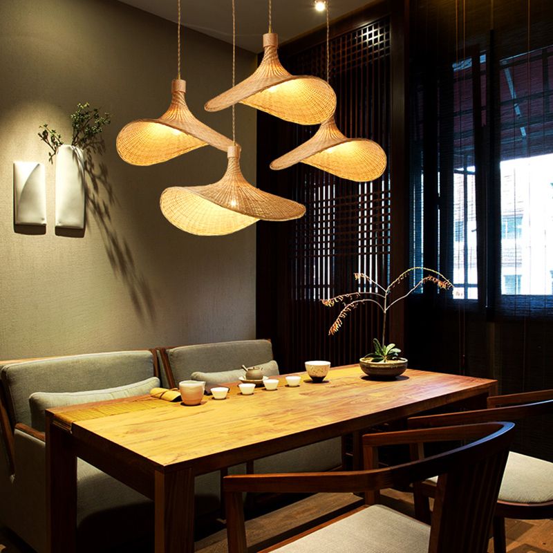 Straw Hat Pendant Light Kit Asia Style Bamboo Restaurant Ceiling Pendant Light in Beige
