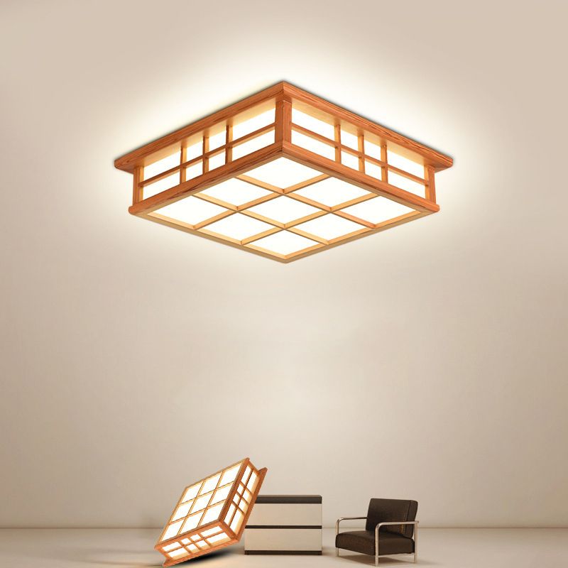 Square Ceiling Light Wooden LED Ceiling Mount Light with Acrylic Shade for Living Room