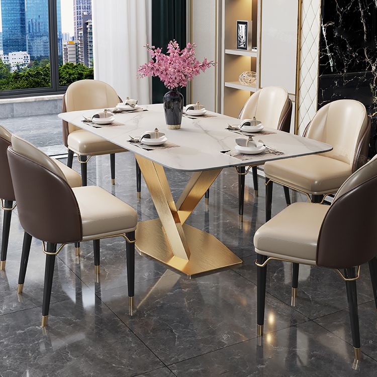 Sintered Stone Top Esstisch Rechtecktisch mit goldenem Metallpodest