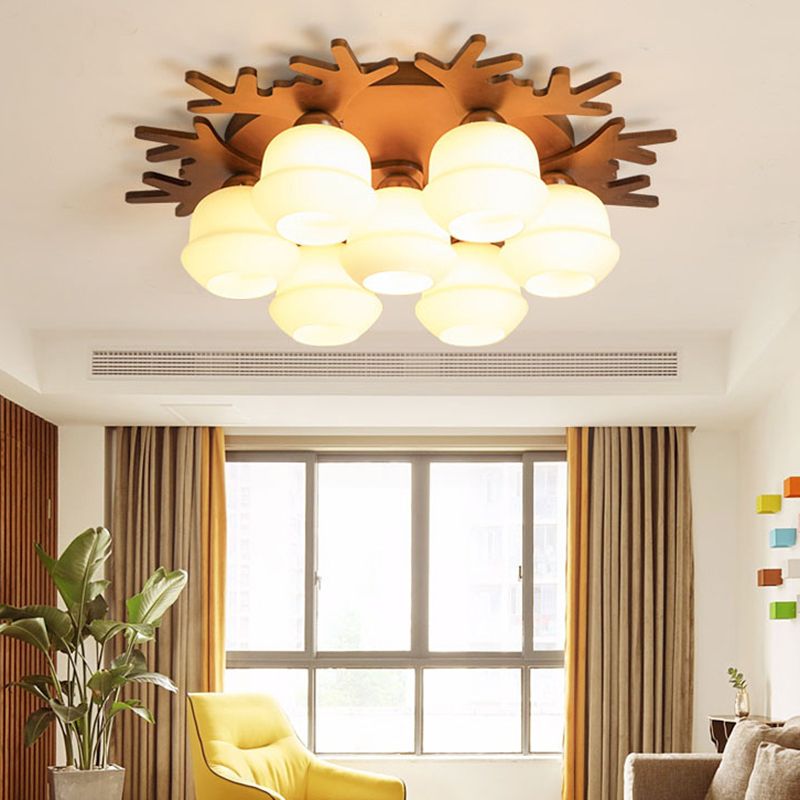 Antler Bedroom Flush Light Wood Nordic Style Flush Ceiling Light Fixture with White Glass Shade