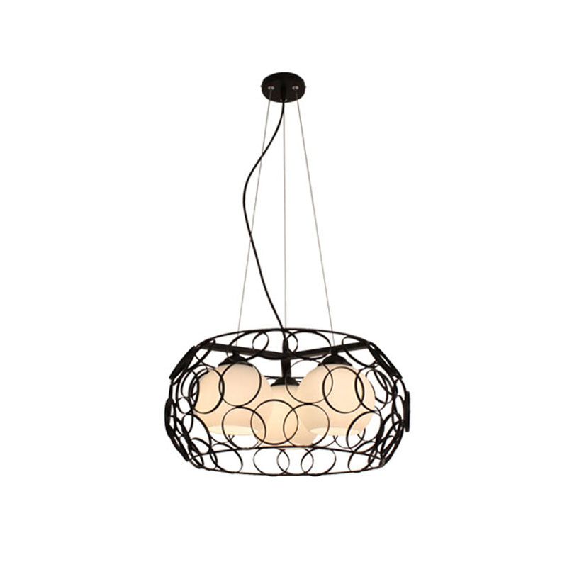 Retro Spherical Hanging Chandelier 3 Bulbs Milky Glass Down Lighting Pendant in Black with Round Cage
