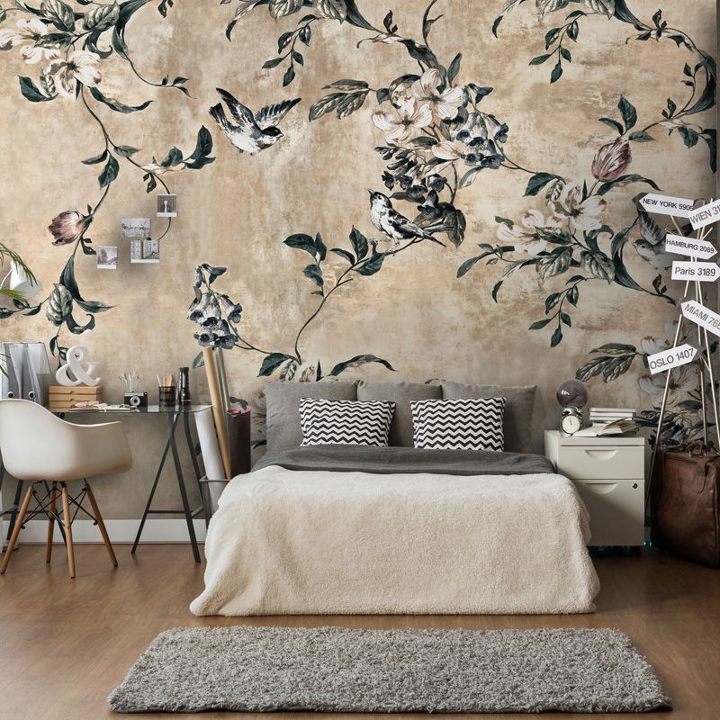 Peintures murales de Style chinois de couleur Pastel, décoration murale à motifs d'oiseaux entiers et de branches de pêche pour chambre à coucher