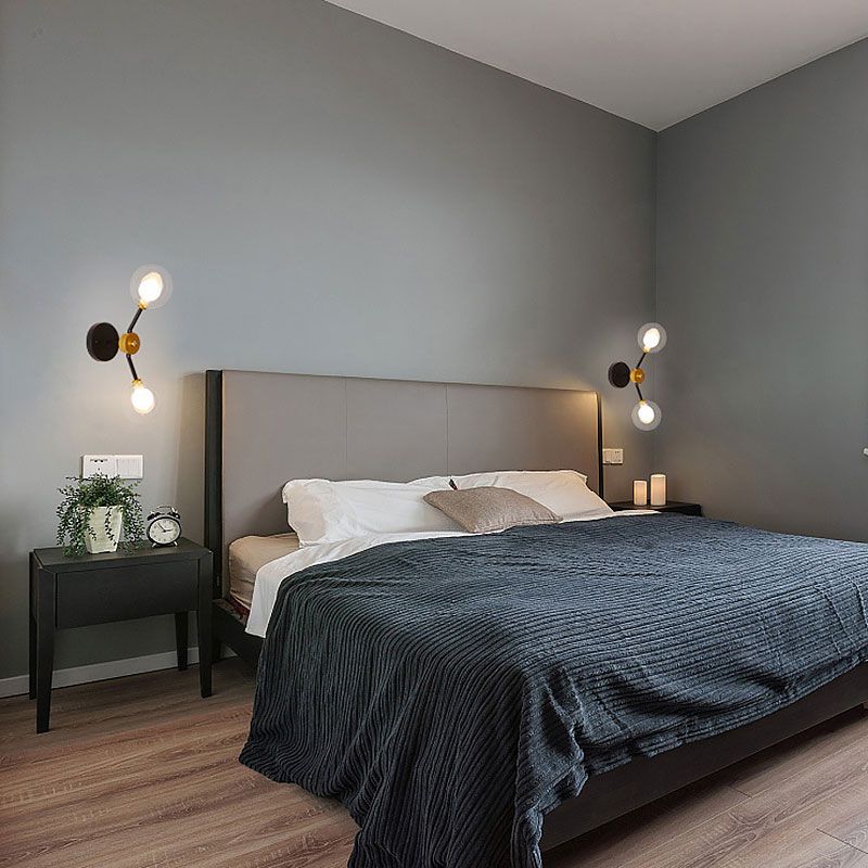 2 Lights Bedroom Sconce Light with Global Clear Glass Shade Modern Black Led Wall Mount Light