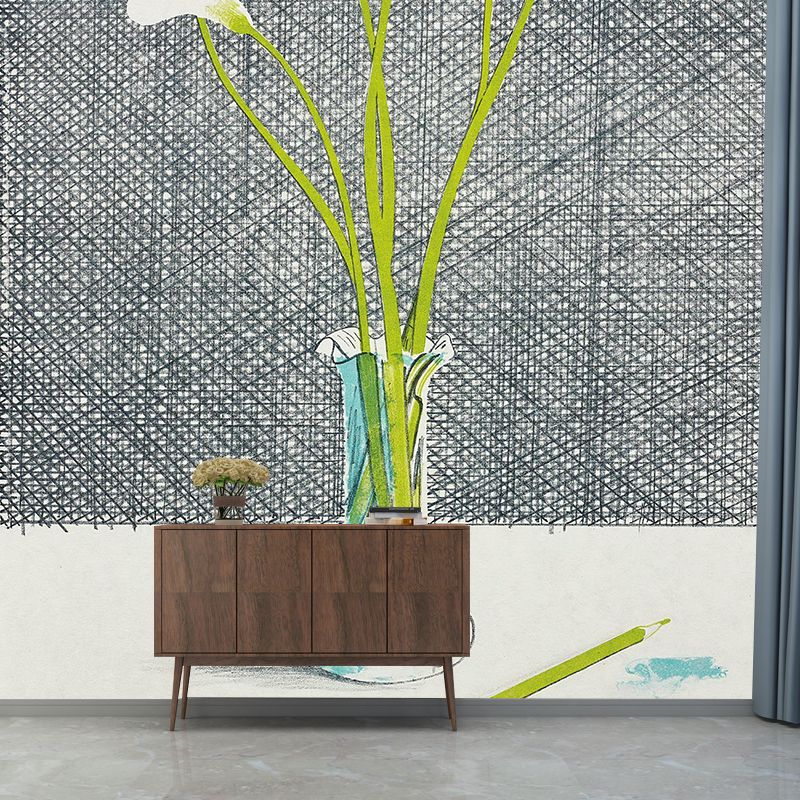 Artistry Lilies Still Life Murals for Bedroom Personalized Wall Covering in Green on Grey