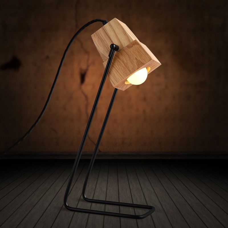 Wood Bell Shape Task Lamp Modern 1-Light Beige Reading Book Light with Black Slim Arm