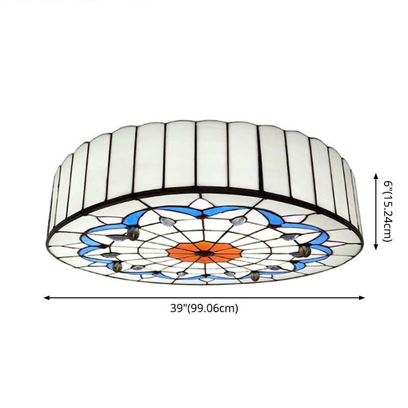 Drum Ceiling Mount Light Mediterranean Stained Glass Flush Mount Fixture for Bedroom