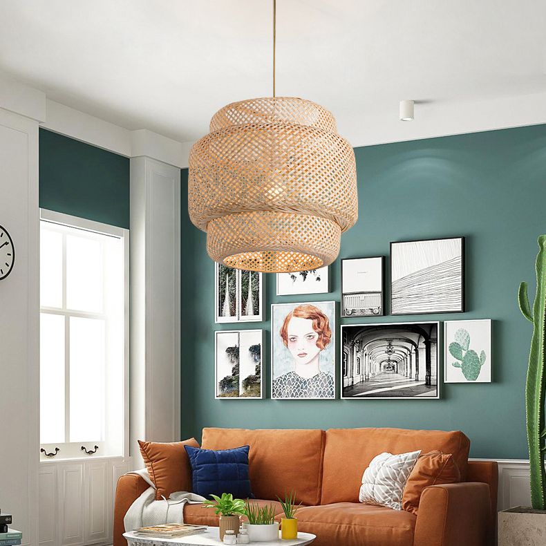 Lantern Bambus Rattan Form Anhänger Hängende Lampe Asien Stil 1 Licht hängende Deckenleuchte für Wohnzimmer