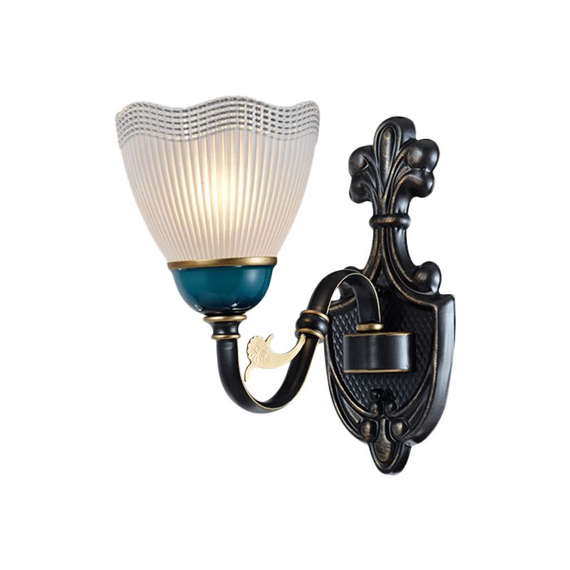 Country Twisted Arm Wall Light Fixture 1/2-Head Metal Sconce Lamp in Black and Blue with Dome Frosted Ribbed Glass Shade