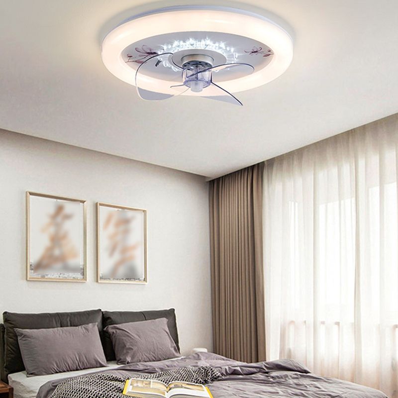 Simple Circular LED Fan Light 3-Blade Bedroom Semi Flush Ceiling Light in White