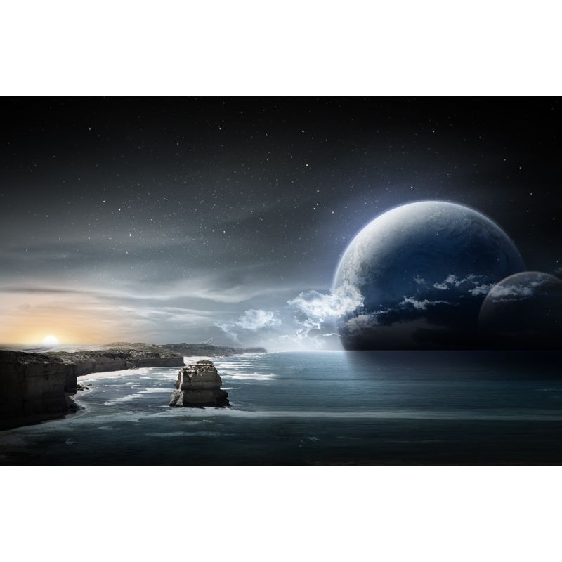 Custom Photo Print Sci-Fi Mural with Big Moon and Ocean Sea at Dawn Pattern in Blue