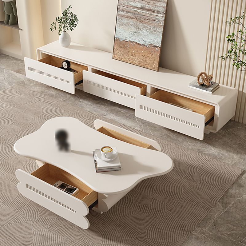 Modern Coffee Table White Wood Free Form Single Coffee Table with 2 Drawers