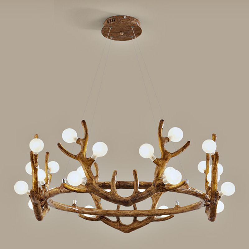 Geweih Wohnzimmer Deckenbeleuchtung Vintage Harzbraun LED Kronleuchter Licht mit Ball Frostglas Schatten
