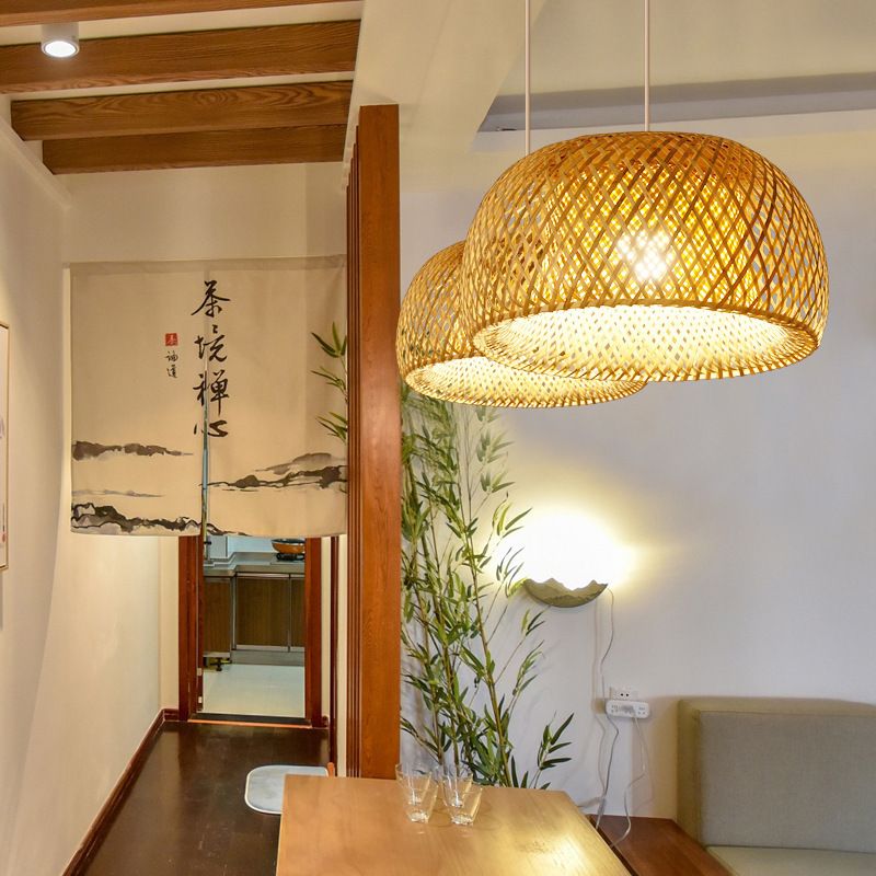 Half-Circle Shade Pendant Light Fixture Asia Style Bamboo Beige Suspension Pendant Light