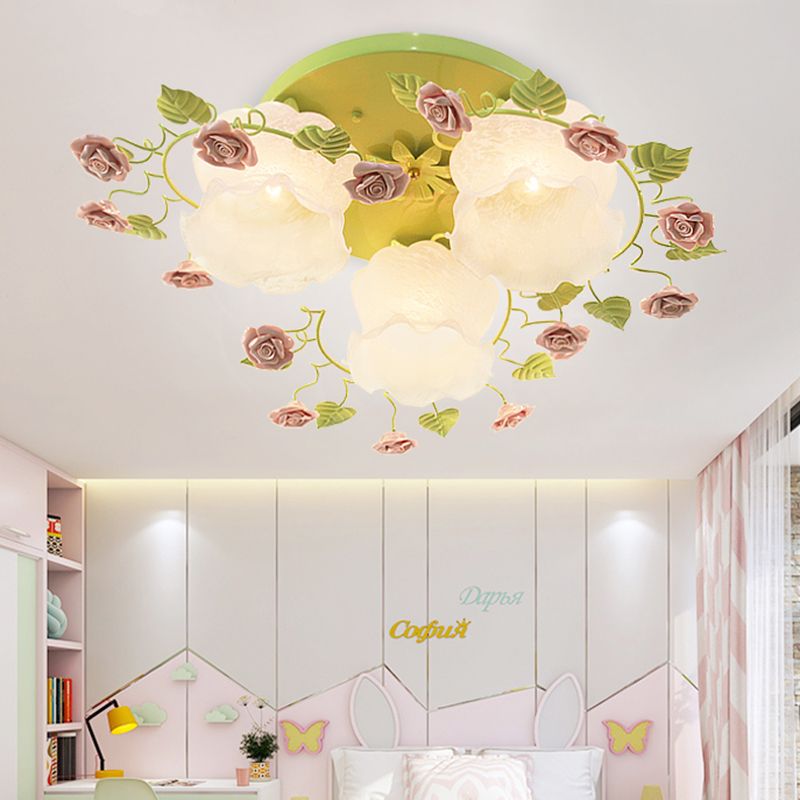 Floral White Glass Ceiling Mounted Fixture Traditional 3/5 Bulbs Living Room Flush Mount Lamp in Pink/Green