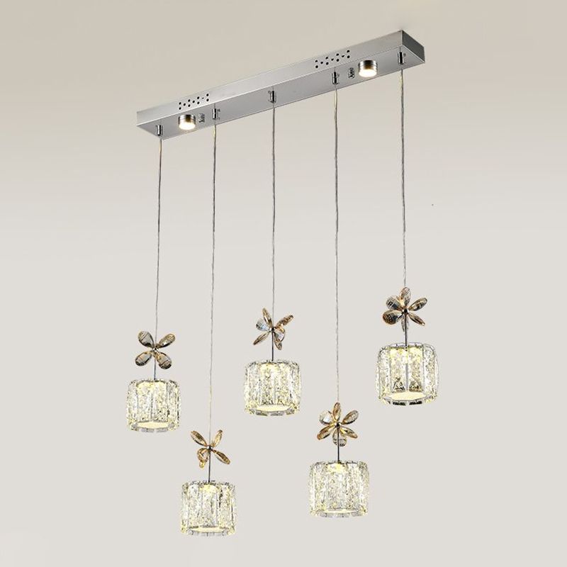 Modern Cylinder Hanging Lamp Faceted Crystal Dining Room LED Multi Light Pendant in Chrome with Round/Linear Canopy, 13.5"/27.5" Wide