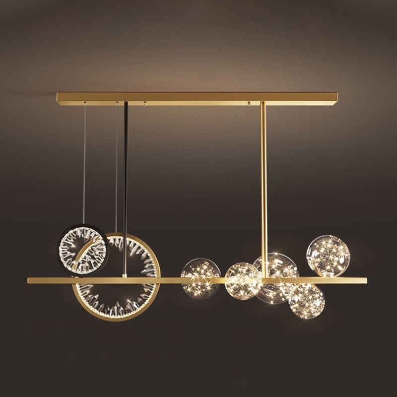 Glass Spherical Island Light Modern Gold LED Hanging Light with Crystal Accents