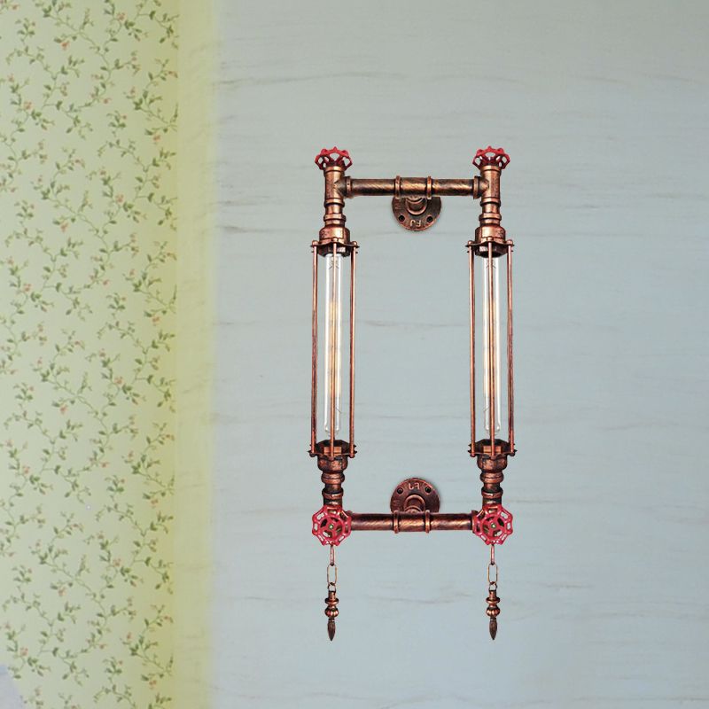 Metal Rectangle Frame Wall Lighting Antiqued 2 Lights Hallway Wall Lamp Sconce in Black/Copper with Chain