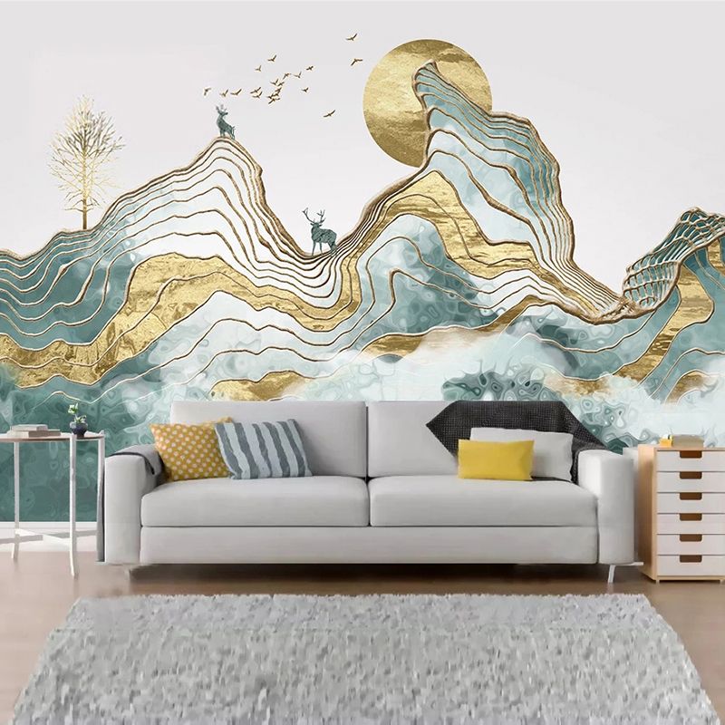 Giant Illustration Style Murals Chinese Traditional Landscape Painting in Yellow and Green for Decor
