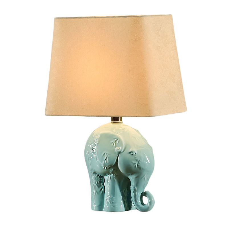 Ceramic Elephant Table Stand Lamp Farmhouse 1 Bulb Living Room Night Light in Blue with Trapezoid Fabric Shade