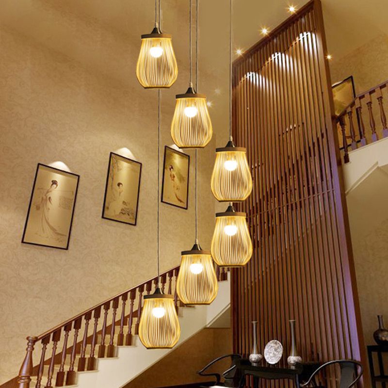 Bamboo Pear Shaped Multi Light Pendant Modern Wood Hanging Lighting for Staircase