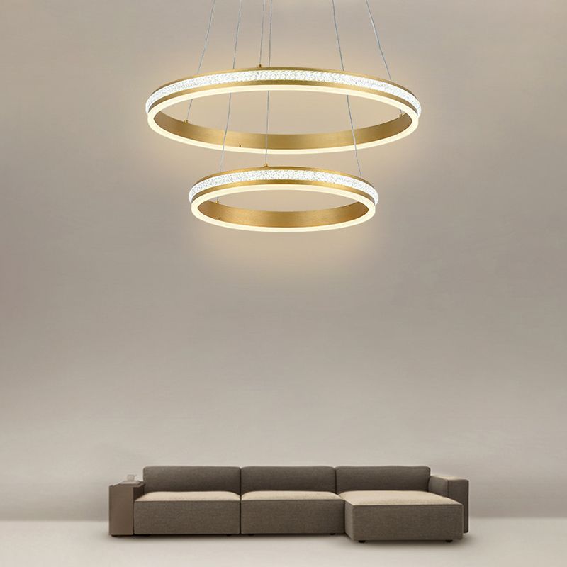 16"+24" Diameter 2-Tiered Ring LED Chandelier Aluminum Gold LED Hanging Pendant Light with Diamond Stripes Acrylic Shade