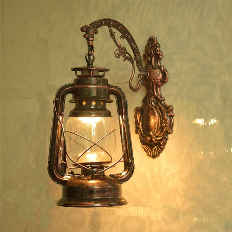 Clear Glass Kerosene Wall Light Fixture Nautical 1 Head Restaurant Wall Sconce with Curved Arm