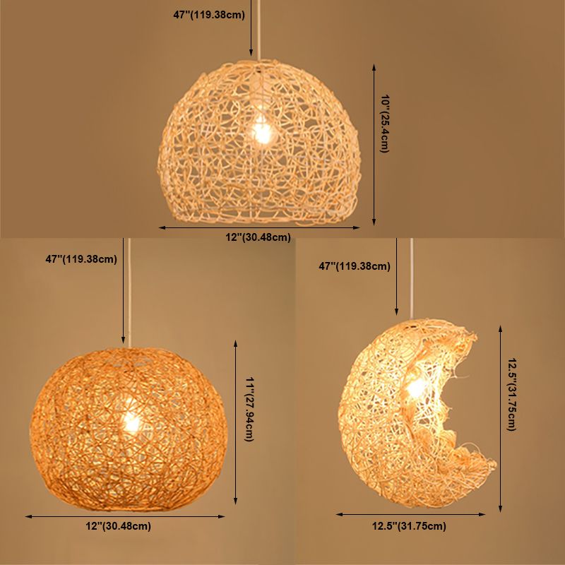 Asian Pendant Lighting Fixture 1-Light Beige Hanging Lamp Kit with Rattan Shade