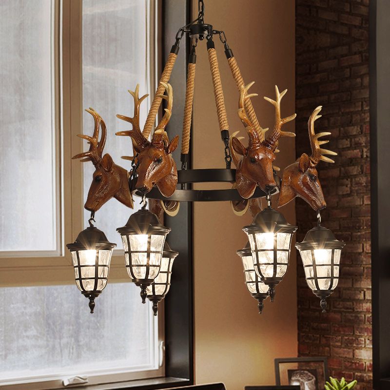 Traditional Wagon Wheel Hanging Lamp 6 Bulbs Resin Chandelier Light Fixture with Deer Head in Brown