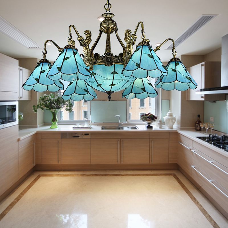 9 Lights Dining Room Ceiling Lamp Tiffany Blue Chandelier Light with Cone Stained Glass Shade
