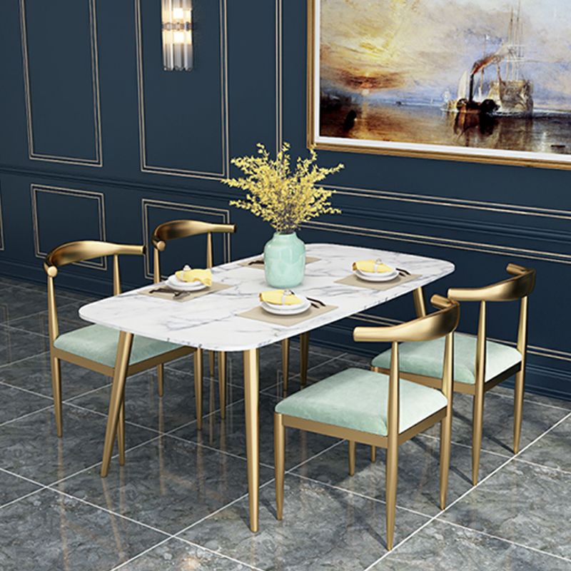 Glam 4 Legs Dining Table Stone Top Table with Metal Base for Dining Room