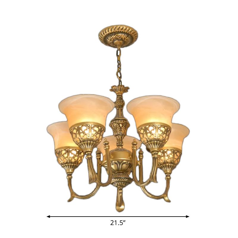 Bronze 5-Light Up Chandelier Antiqued Style Frosted Glass Flared Ceiling Hang Lamp