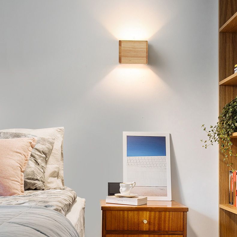 Nordic Style Wood Wall Light Cube Shape 4.5" Wide Wall Sconce for Bedroom