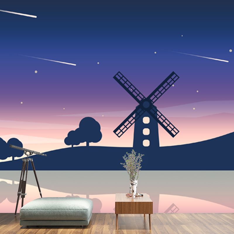 Big Riverside Windmill Mural Wallpaper Nordic Dreamy Meteor Shower Wall Covering in Purple-Blue