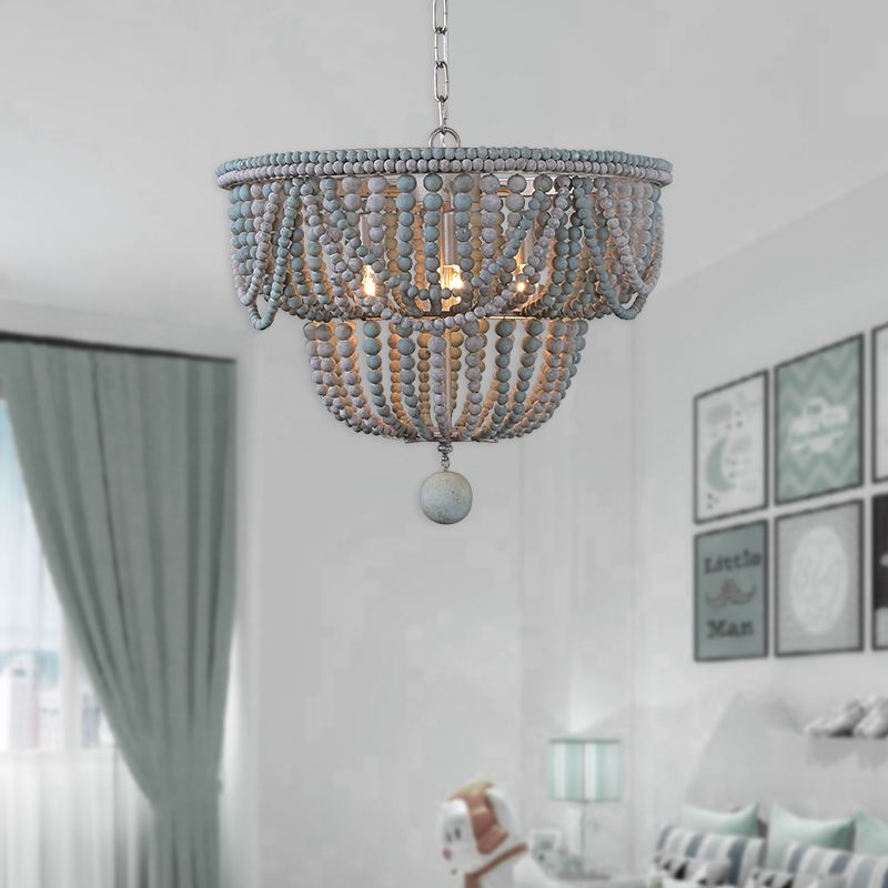 2-Tier Chandelier Modernism Wood 4 Heads 19.5"/25.5" Wide Blue and Gray Pendant Lighting Fixture for Bedroom