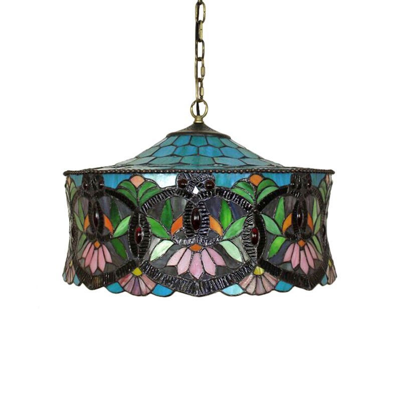 Hanging Lamps for Living Room, Victorian Style Drum Pendant Light Fixture with Stained Glass Shade, 18" W